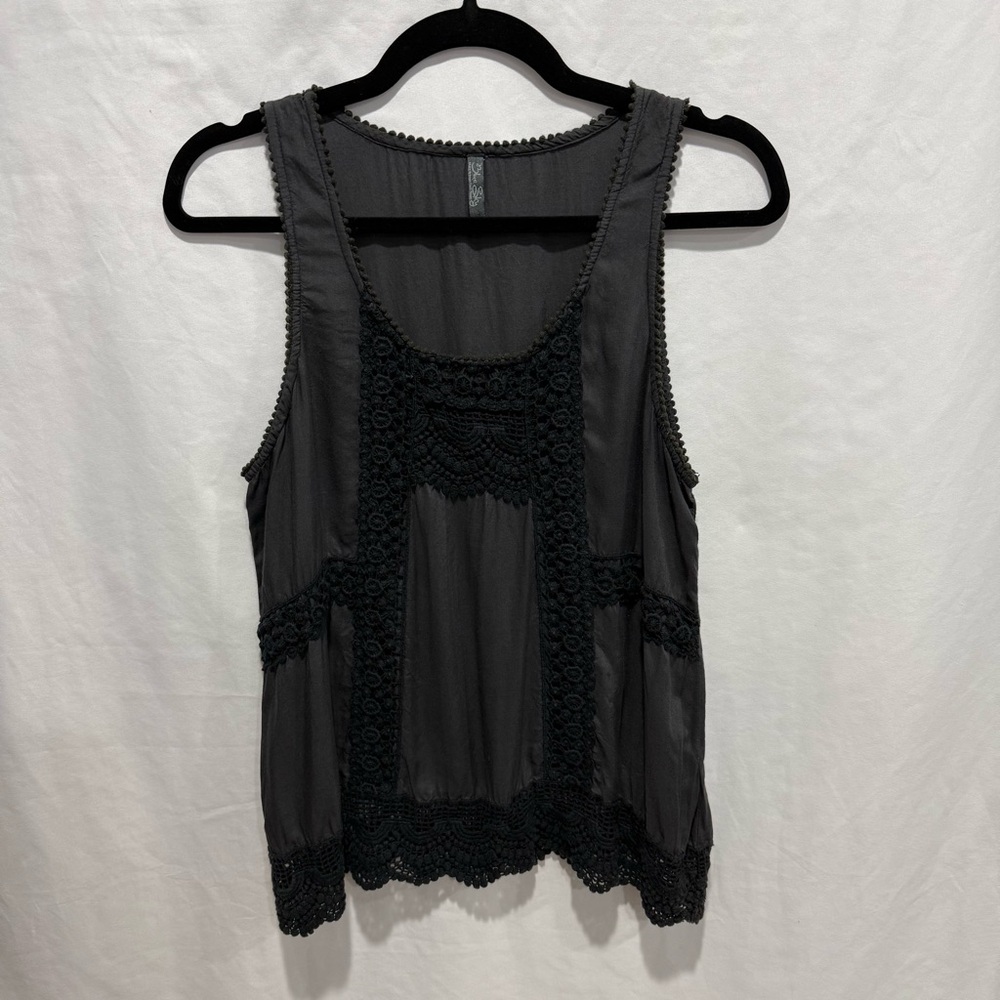 Blue Sky Crochet Trim Tank Top Small Boho Festival Sleeveless Blouse Lace Artsy